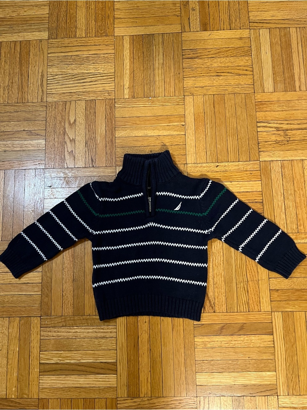 Coastal Baby Nautica Navy Zip-Up Sweater with White & Green Stripes 6/9 months